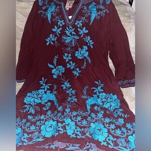 🤎Beautiful Johnny Was Chocolate Truffle Color Dress Turquoise Embroidery